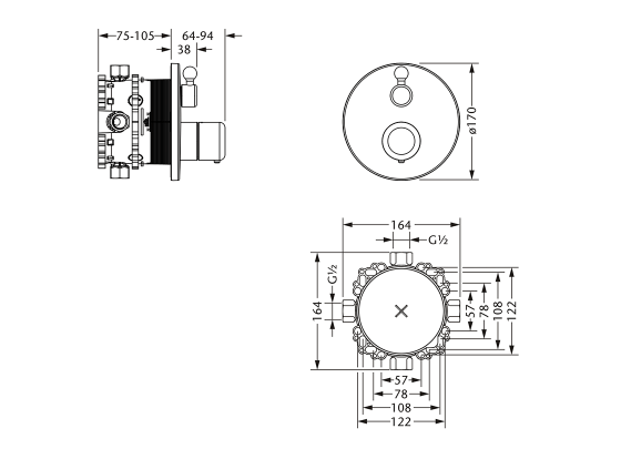 Термостат для душа скрытого монтажа ½" с запорным и переключающим вентилем JOERGER Ramses 611.40.380.000 - Вид №1