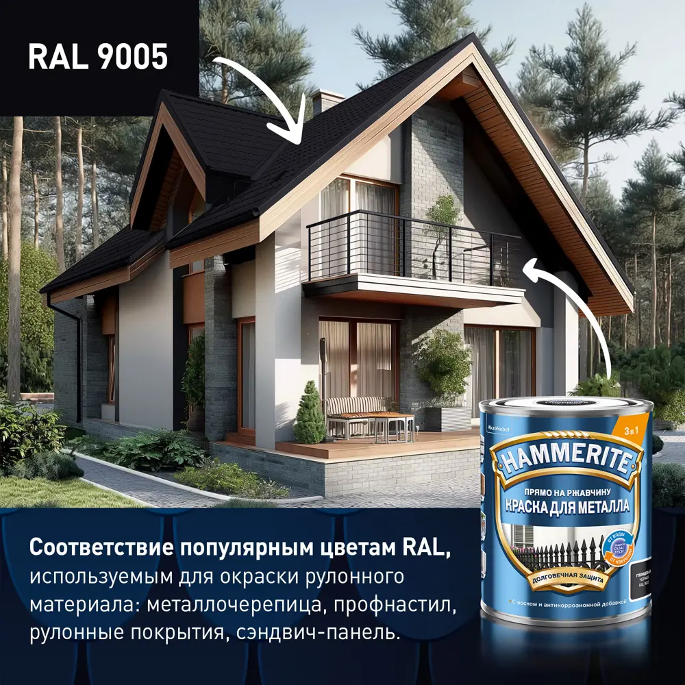 Hammerite 3в1 - антикоррозийная грунт-эмаль для металла, черный 2л 87815371 STLM-0075821 - Вид №6
