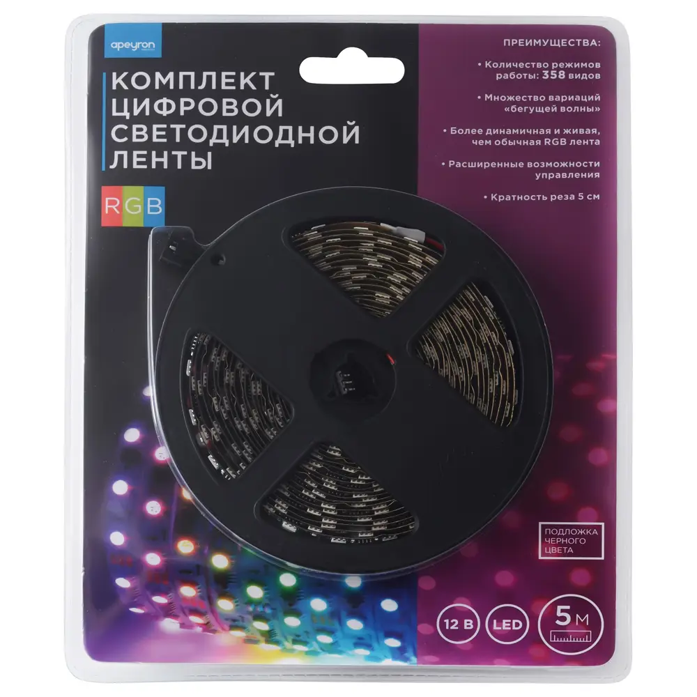 Адресная светодиодная лента Apeyron SMD5050 12В 10 мм 5м 14.4 Вт/м 60диод/м RGB 82535316 STLM-2052211  - Вид №17