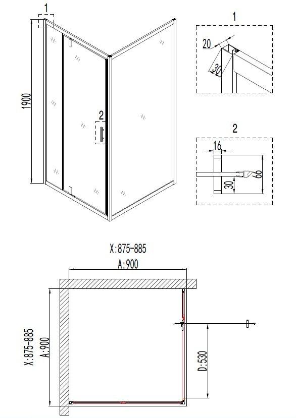Душевое ограждение NG- 6601-08 BLACK (90*90*190) квадрат, дверь распашная, 1 место Niagara Nova 66010811BLACK - Вид №2