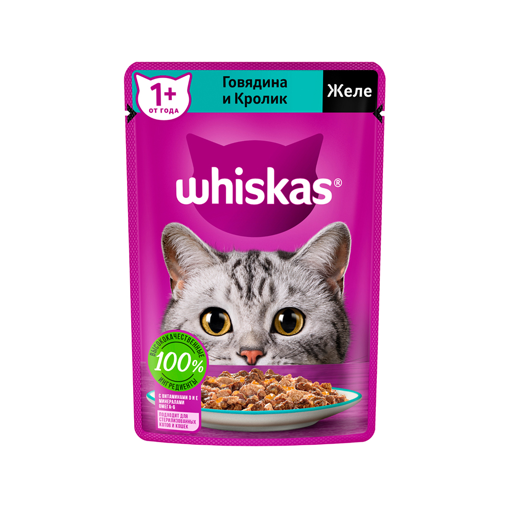 ПР0059367 Корм для кошек говядина, кролик в желе пауч 75г WHISKAS 