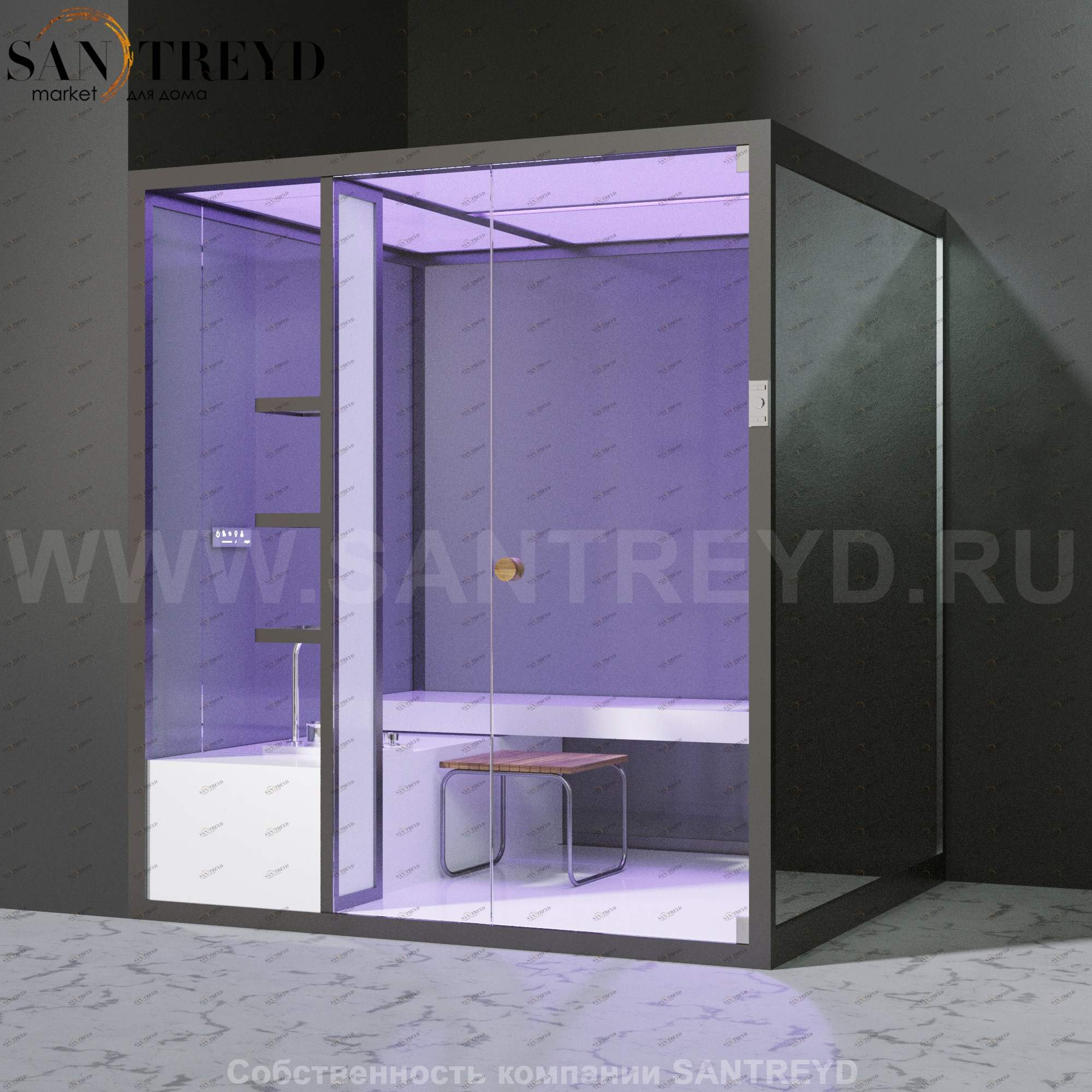 Effegibi BODYLOVE H BL30030005 Хаммам. Установка: в левый угол. Мощность: 7 кВт макс. Размеры: длина 200 см, ширина 176 см. Отделка: гладкое стекло и зеркало.