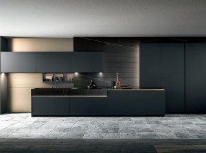 Линейная кухня из керамогранита без ручек