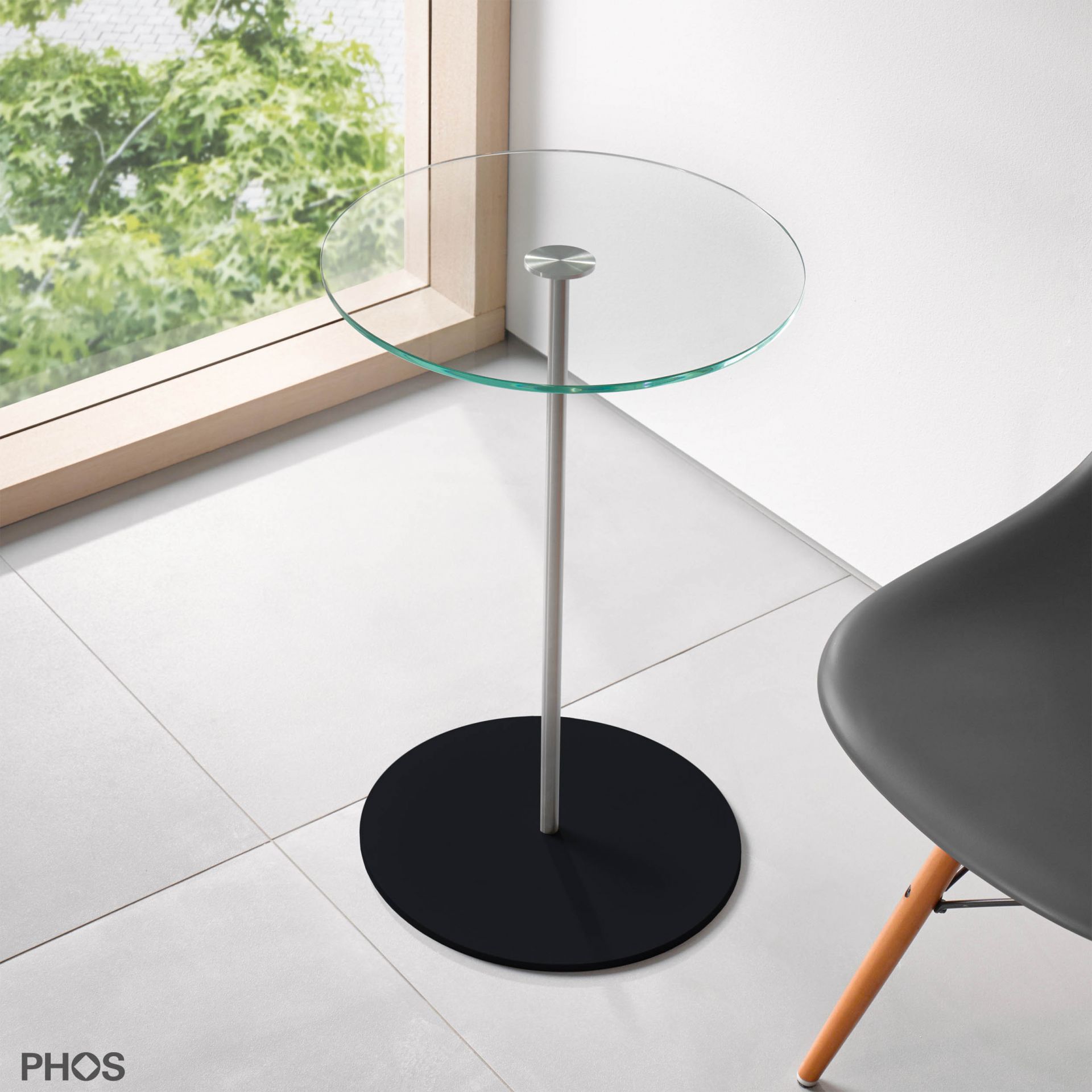 BT600G-BPS Приставной столик со стеклянной полкой, высота 60 см, основание: черное PHOS 