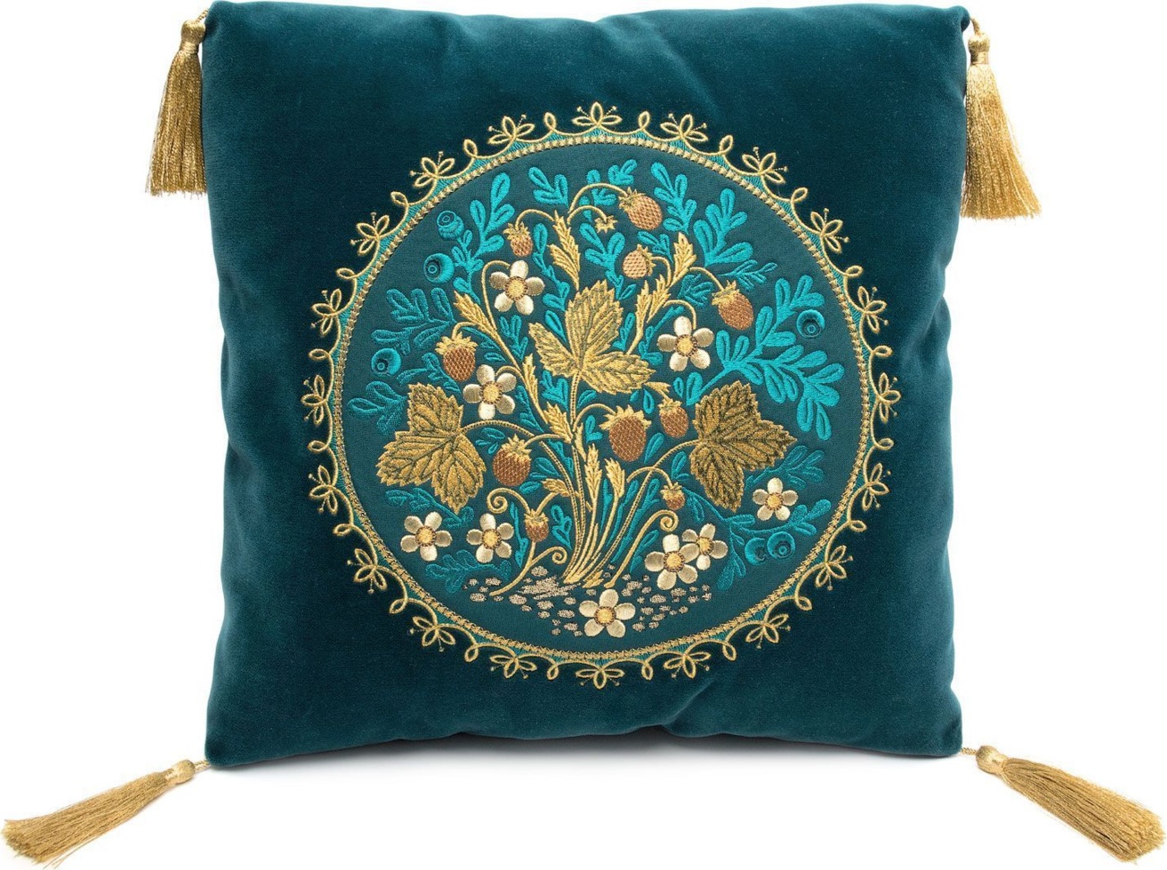 10659190 Торжокские золотошвеи Подушка диванная "Земляника" бархат+шелк Рис. 2631 бархат бирюзовый +габардин зеленый Габардин 