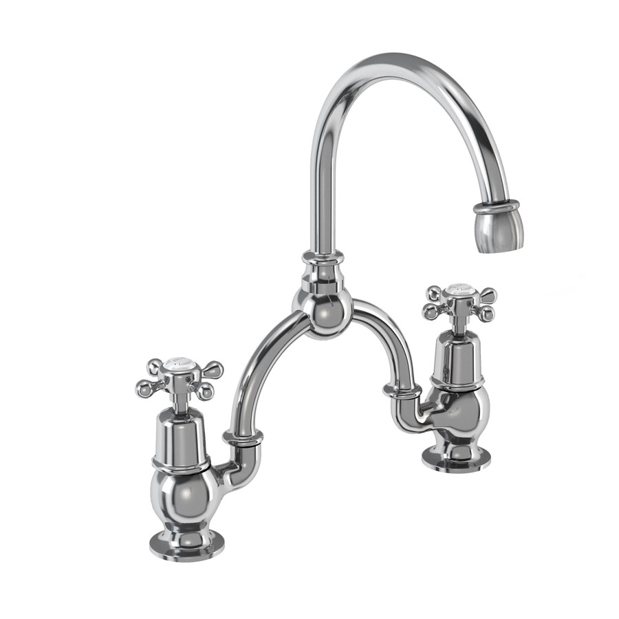 Burlington Арочный смеситель Claremont с 2 отверстиями и изогнутым изливом (центры 230 мм) Четверть оборота с акцентом Медичи CL28-QT MED  - Вид №1