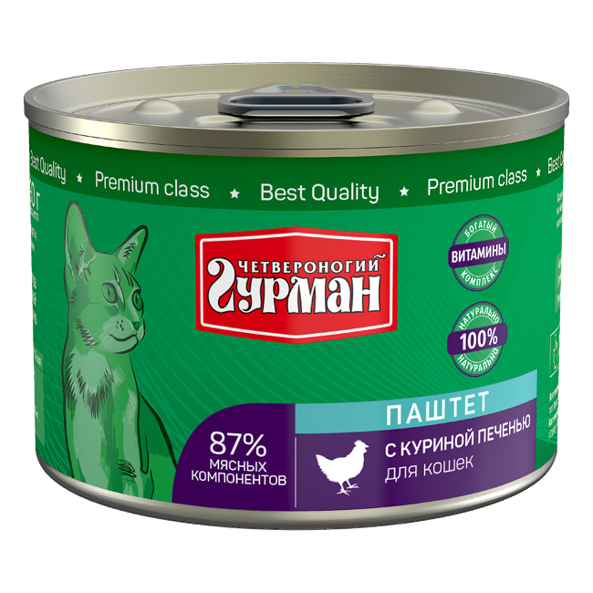 ПР0044933 Корм для кошек Куриная печень паштет конс.190г ЧЕТВЕРОНОГИЙ ГУРМАН 