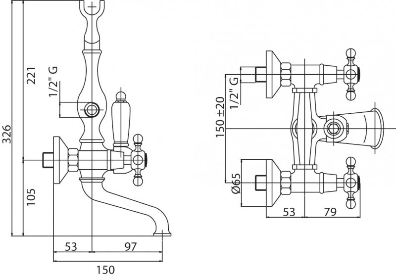 Смеситель для ванны с ручным душем, шлангом 150 см CEZARES NOSTALGIA-VD-01-Bi - Вид №1