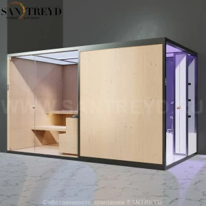 Effegibi BODYLOVE SH BL45130004 Боковая комбинированная баня: хаммам и сауна. Установка: в левый угол. Мощность: 15 кВт макс. Размеры: длина 393 см, ширина 176 см. Отделка: канадский хемлок, гладкое стекло и гладкий хемлок.