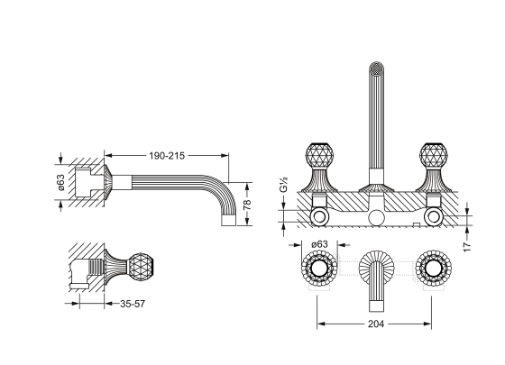 Смеситель для раковины на 3 отверстия ½", настенный монтаж, внешняя часть JOERGER Cronos Crystal 637.30.360.000-AA - Вид №1