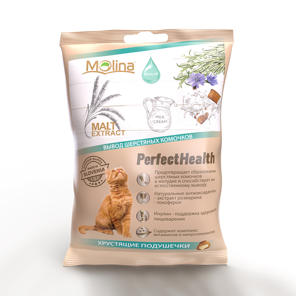 ПР0058734 Лакомство для кошек Хрустящие подушечки Вывод шерстяных комочков 50г Molina 