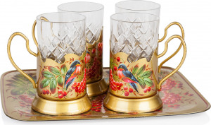 10620669 Жостовская фабрика декоративной росписи Набор из 4 подстаканников в шкатулке с подносом У-336 29х29см (худ.роспись) Латунь