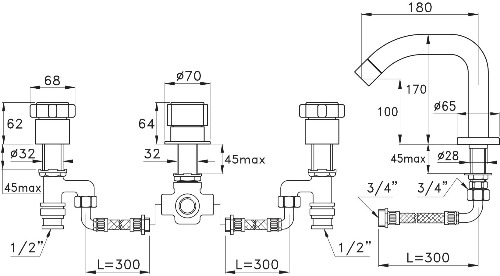 RUBINETTERIE STELLA Комплект для ванны на 4 отверстия Aster At02311cr00 - Вид №1
