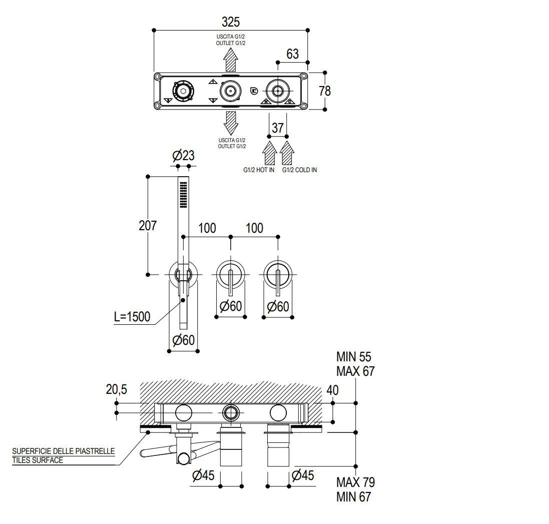 Однорычажный смеситель для ванны из нержавеющей стали с ручным душем Ritmonio Dot316 Round ARCH-00047398 - Вид №2