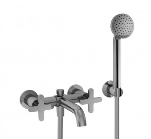 R015  Смеситель из стены для ваннывылет 18 см ручки автоматический переключатель на 2 потока ручная лейка ICONA держатель ручной лейки гибкий шланг 150 см ПВХ картридж керамический 90° Fantini Rubinetti ICONA CLASSIC