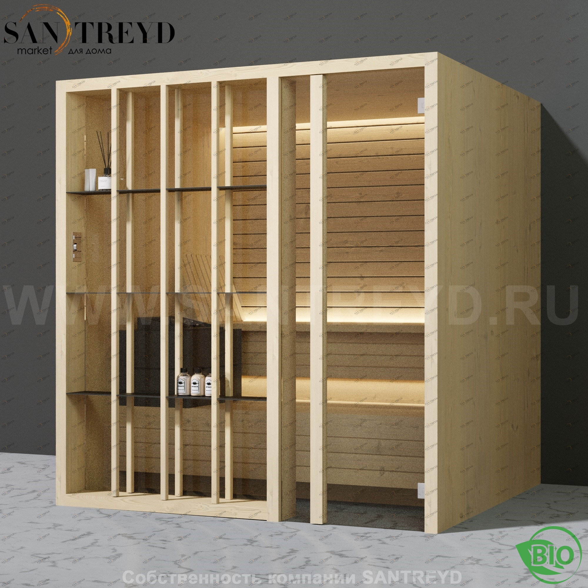 Effegibi YOKU.S80 BI.70100009 Био-сауна с правой дверью. Мощность: 9 кВт макс. Размеры: длина 202 см, ширина 180 см. Отделка: осина термообработанная BI70100009