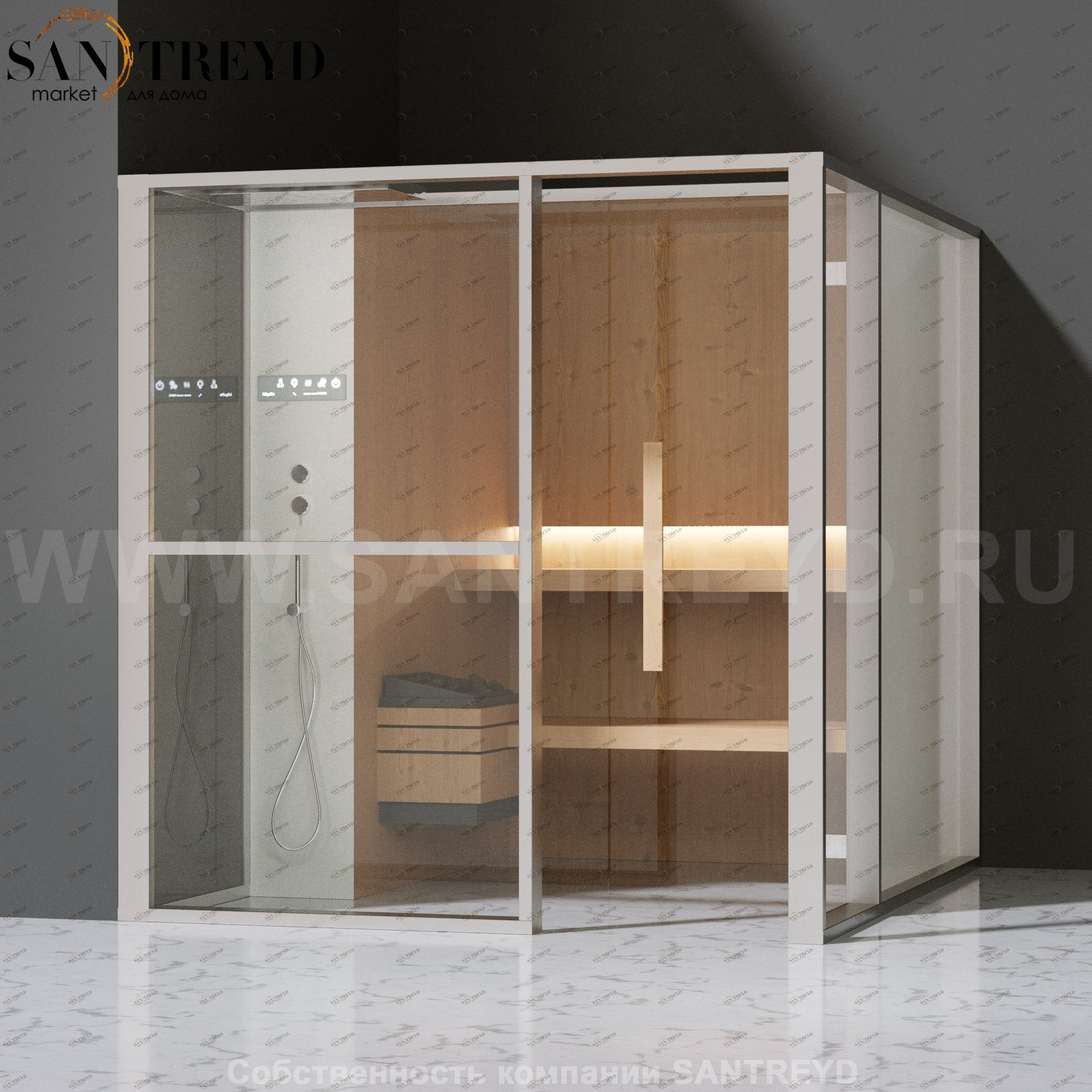 Effegibi LOGICAFILO S LO21020006 Сауна. Установка: в левый угол. Левая дверь. Мощность: 6 кВт макс. Размеры: длина 214 см, ширина 250 см. Отделка: канадский хемлок, матовый лакированный белый аллюминий и серый ламинат из керамогранита.