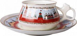 80282 Императорский фарфоровый завод Чашка с блюдцем "Московский Кремль" "Билибина" Фарфор костяной