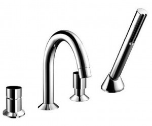 1665  Набортный смеситель для ваннывылет 19,5 см ручки на 4 отверстия переключатель на 2 потока с кнопкой ручная лейка SUN гибкий шланг 150 см впуски 1/2'' подводка Fantini Rubinetti NOSTROMO