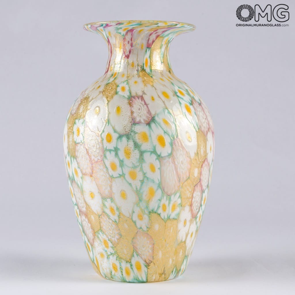 2445 ORIGINALMURANOGLASS Ваза миллефиори бело-жёлтая из муранского стекла - Original Murano Glass OMG 11 см  - Вид №1