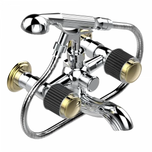 A9C-13B Смеситель для ванны настенный на 2 отверстия с ручным душем и шлангом - 150 мм между центрами Thg-paris Jaipur c чёрным ониксом Хром-золото