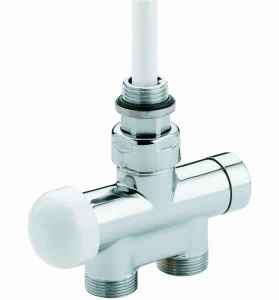 Carlo Poletti V86510L Клапан термостатический одно/двухтрубный с by-pass и держателем, центральное подсоединение. Версия угловая с подключением медной или пластиковой трубы. Межосевое расстояние 40-50 мм.