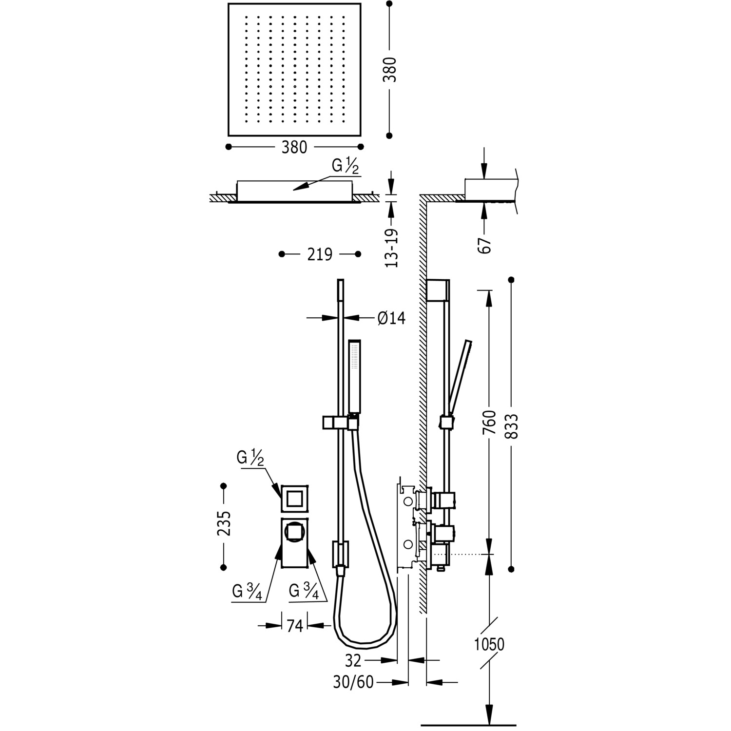 БЛОЧНАЯ СИСТЕМА блочная система 2-ходовой скрытый термостатический смеситель для душа kit-20625203BM TRES Thermostatic - Вид №1