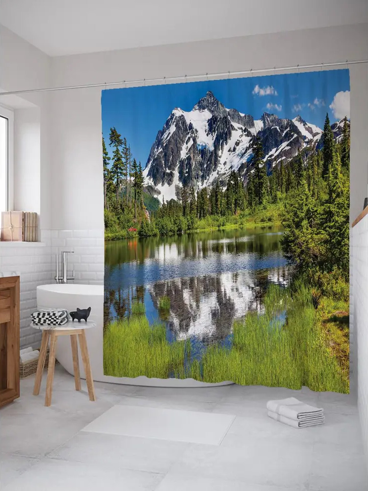 93782295 Штора для ванной JoyArty Зеркальная река в горах из ткани, 180x200 см с крючками STLM-0972618