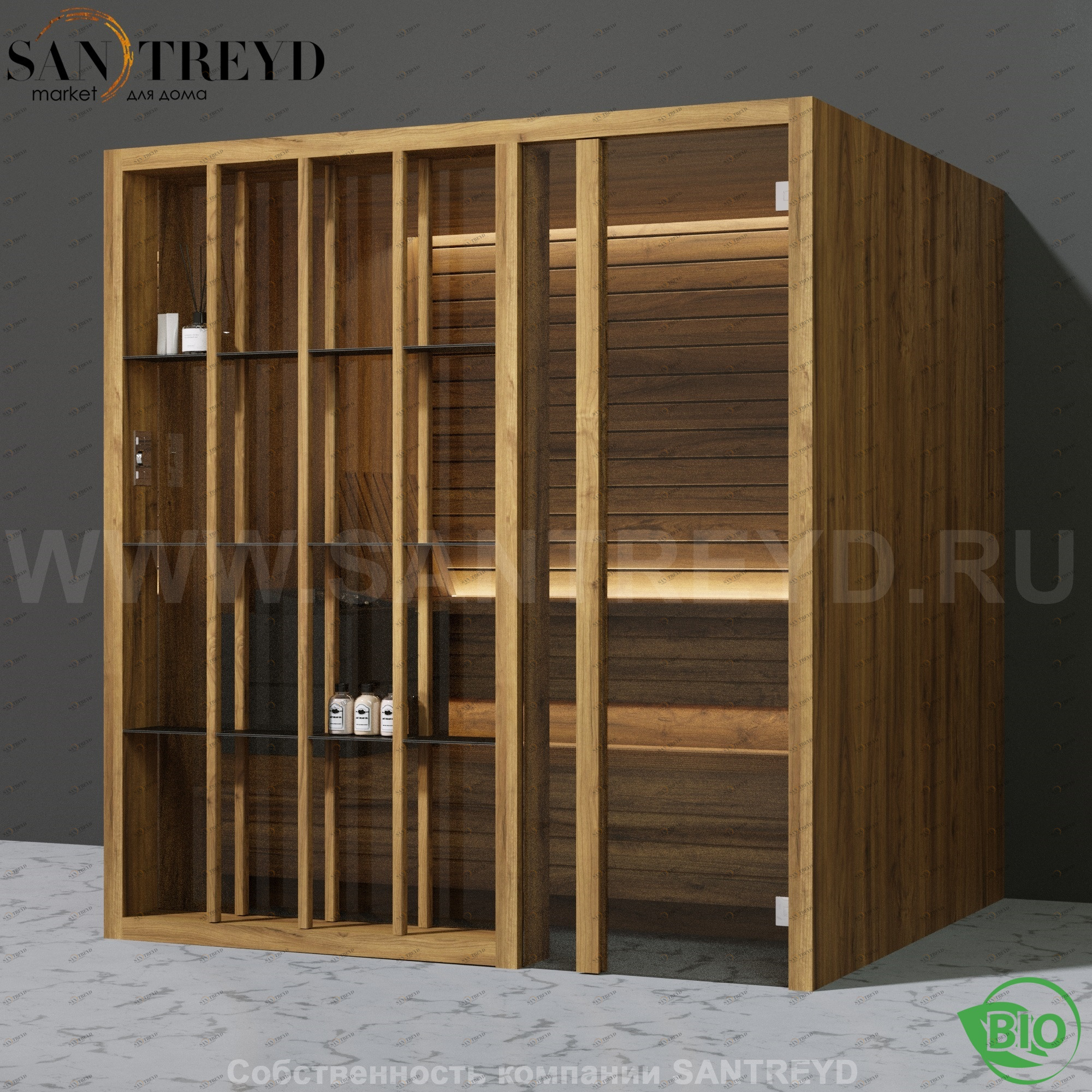 Effegibi YOKU.S80 BI.70100011 Био-сауна с правой дверью. Мощность: 9 кВт макс. Размеры: длина 202 см, ширина 180 см. Отделка: термообработанное дерево BI70100011