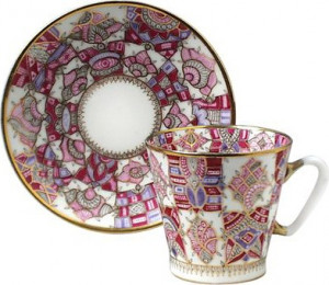 93697 Императорский фарфоровый завод Чашка с блюдцем "Розовые узоры" "Чёрный кофе" Фарфор костяной