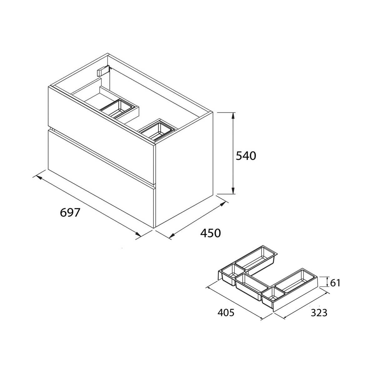 23318 SALGAR Мебель для умывальника FUSSION LINE 700 2 ящика GLOSS GREY 697 x 540 x 450 мм Глянцевый серый - Вид №2