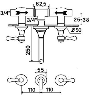 rvb Смеситель для ванны настенный на 3 отверстия 1935 wood 1936.11.71-cc - Вид №1