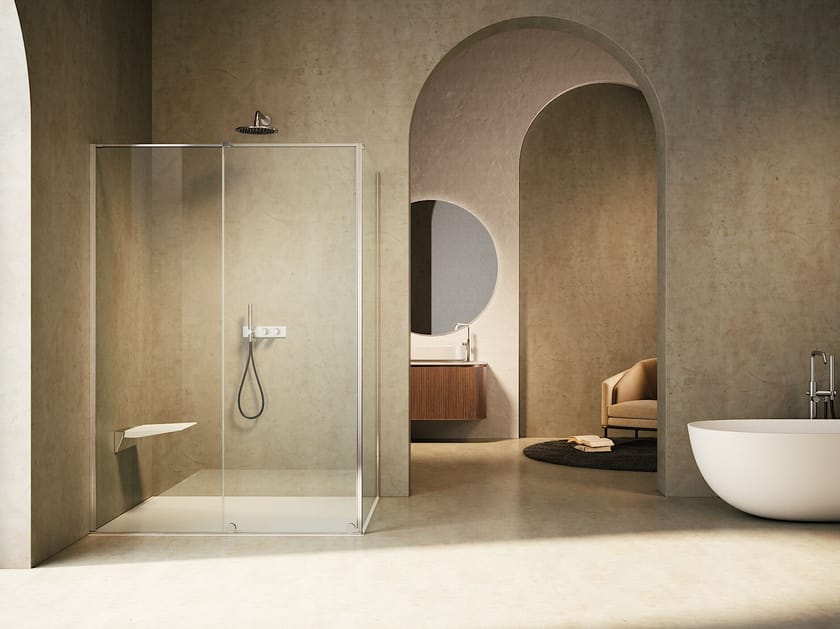 Стеклянная угловая душевая кабина с раздвижной дверью Provex Industrie S-Lite ARCH-00022487