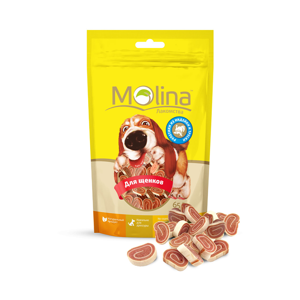 ПР0058730 Лакомство для щенков Рулетики из индейки и трески 65г Molina 