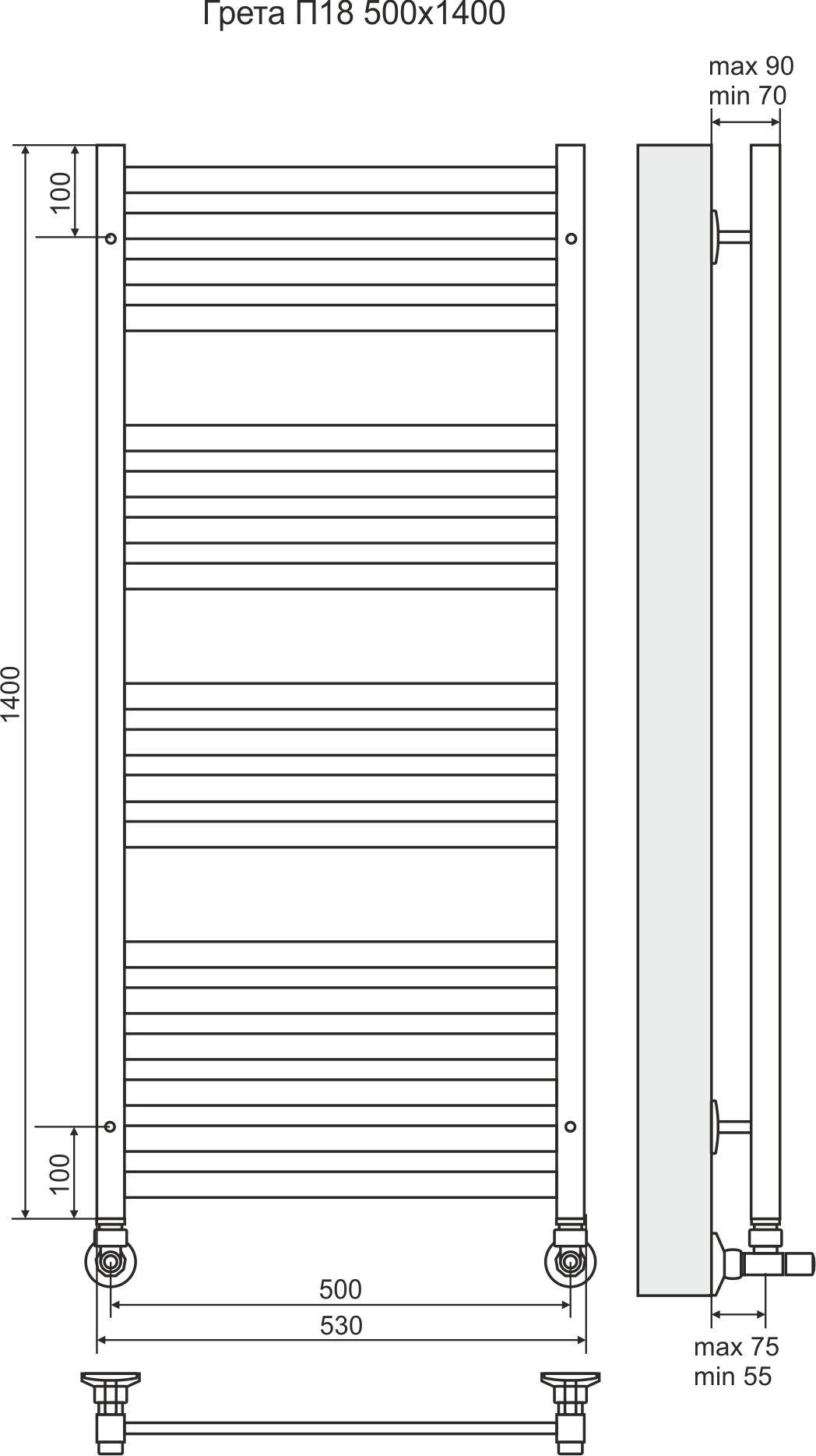 4620768884696 ЛЮКС Грета П18 500х1400 (6+4+4+4) Полотенцесушитель TERMINUS RAL 9005 матовый - Вид №2