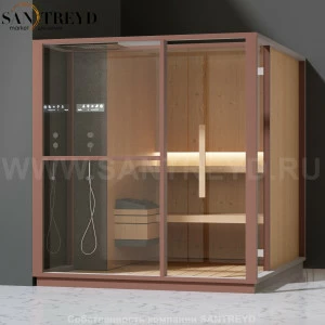 Effegibi LOGICA S LO20030006 Сауна. Установка: в левый угол. Левая дверь. Мощность: 6 кВт макс. Размеры: длина 214 см, ширина 250 см. Отделка: канадский хемлок, матовый лакированный коричневый аллюминий и темный ламинат из керамогранита.