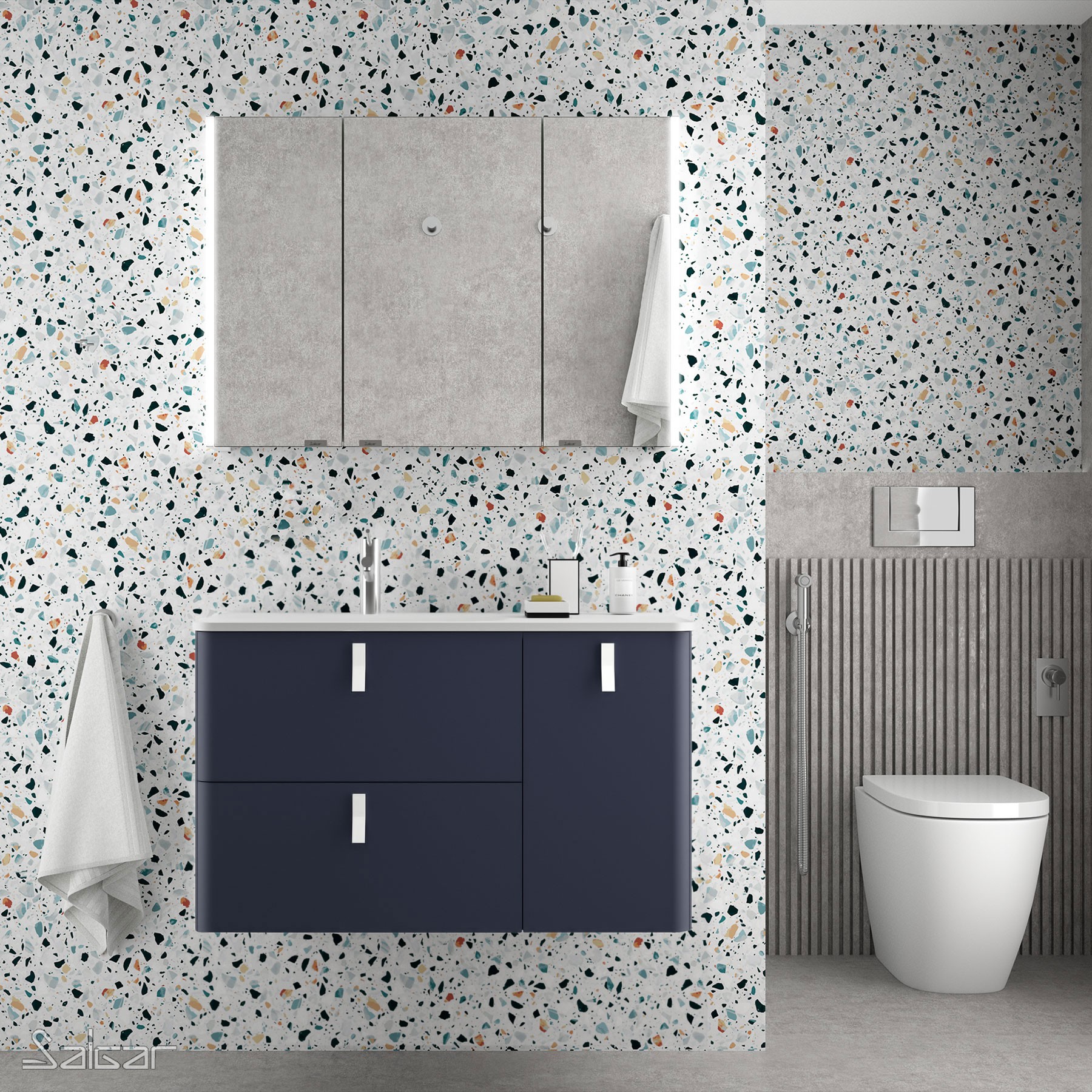 83122 SALGAR Мебель для умывальника UNIIQ 900 NIGHT BLUE правая 1 дверца и 2 ящика с системой мягкого закрывания 897 x 540 x 450 мм 