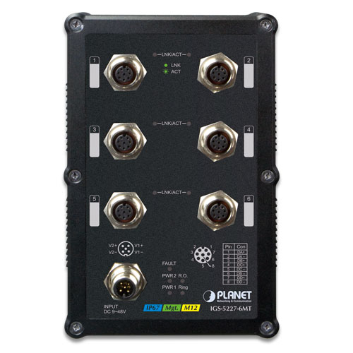 IGS-5227-6MT Ip67-rated industrial l2+ 6-port 10/100/1000t a-coded m12 managed ethernet switch (-40~75 degrees c) , erps ring, 1588, modbus tcp PLANET Technology Corporation Santreyd  - Вид №1