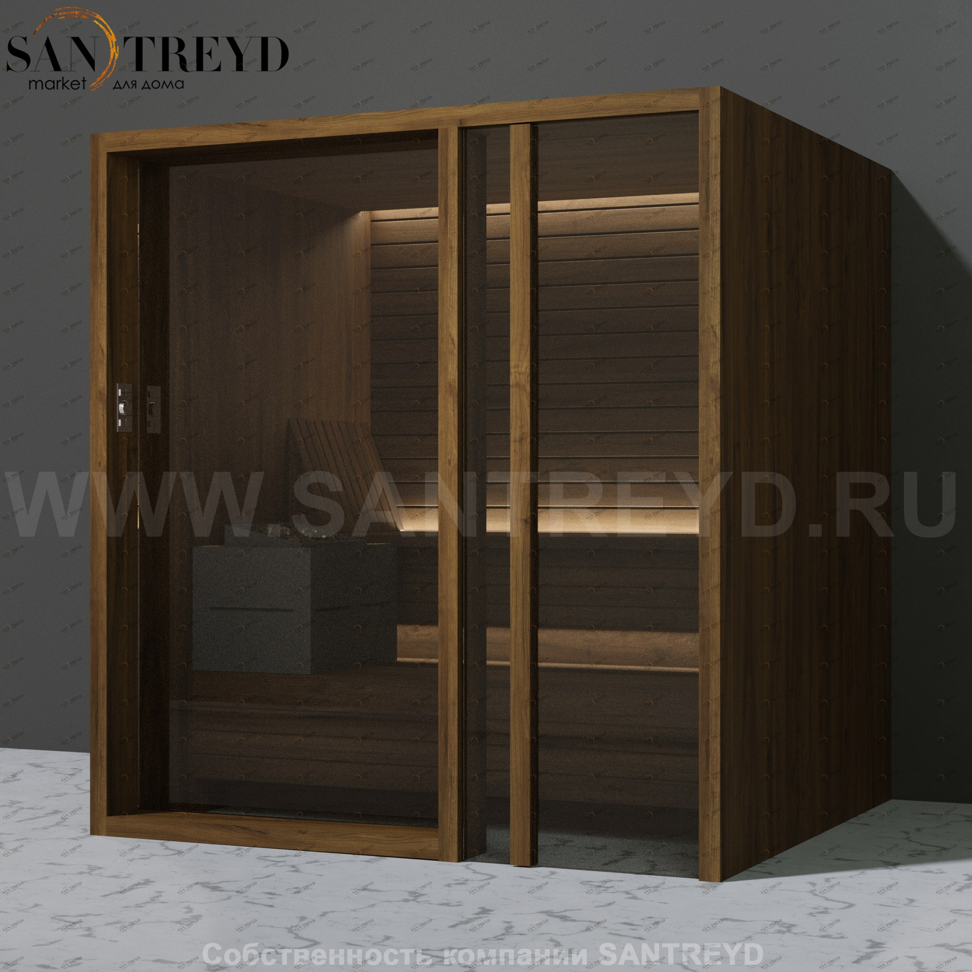 Effegibi YOKU.G80 SA.70300007 Сауна с правой дверью. Мощность: 8 кВт макс. Размеры: длина 202 см, ширина 180 см. Отделка: чёрный орех SA70300007