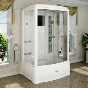 Душевая кабина «ДИАНА 2» (высокий поддон), поддон на раме-подставке, фронтальная панель, 2 торцевые панели, слив-перелив, задняя стенка, крыша, стеклянные шторки (матовые), вертикальный душ «Тропический дождь», смеситель, ручной душ, 2 стеклянные полочки,