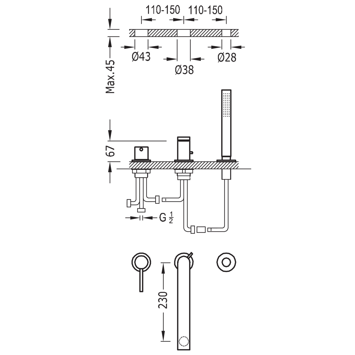 МАКСИМАЛЬНЫЙ краевой смеситель для ванны с одной ручкой-06216102 TRES  - Вид №1