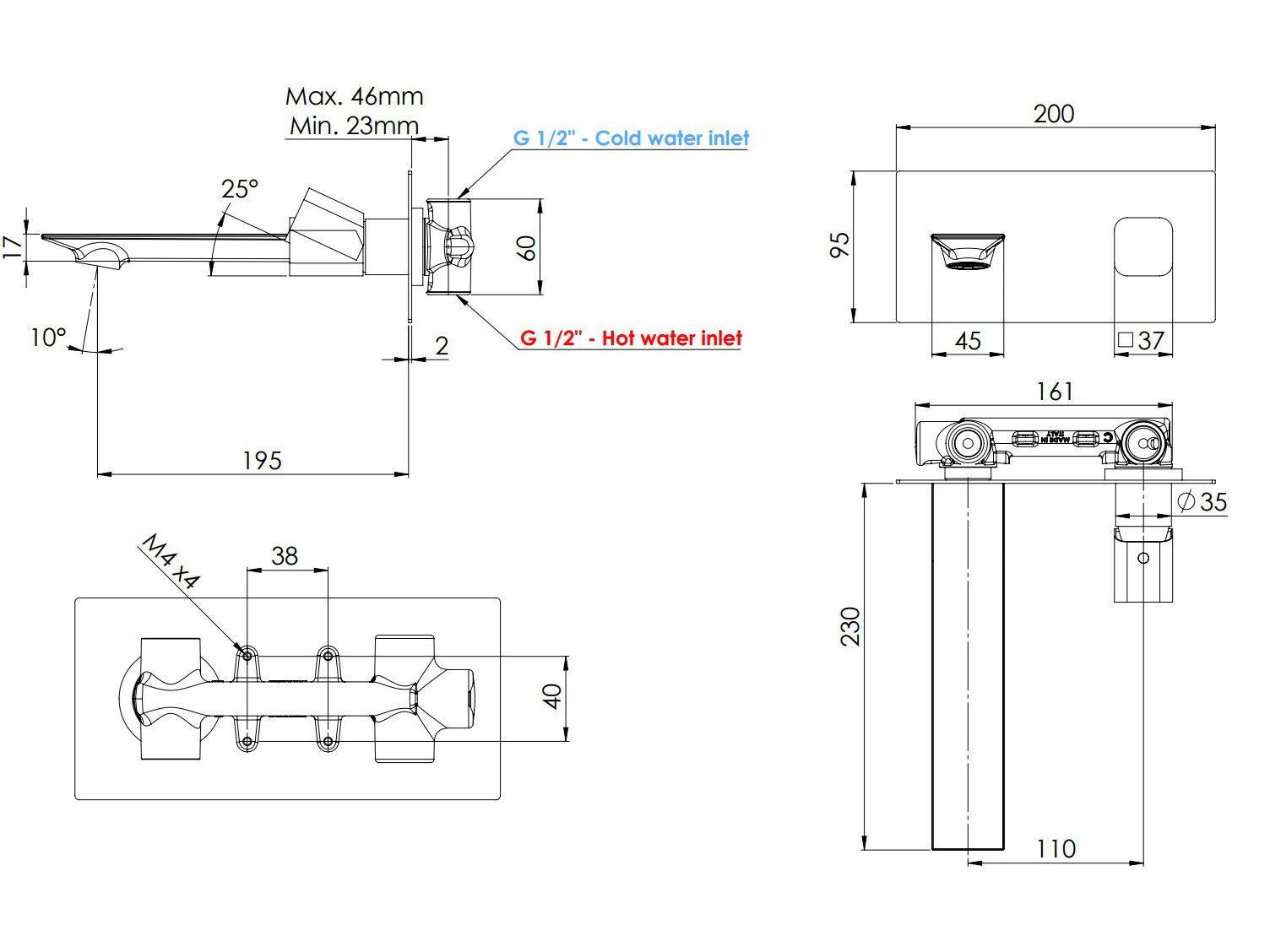 Однорычажный настенный смеситель для раковины с пластиной Rubinetterie Mariani Icon-Q ARCH-00011309 - Вид №3