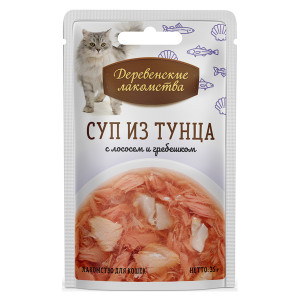ПР0049746 Корм для кошек Суп из тунца с лососем и гребешком, 35г ДЕРЕВЕНСКИЕ ЛАКОМСТВА