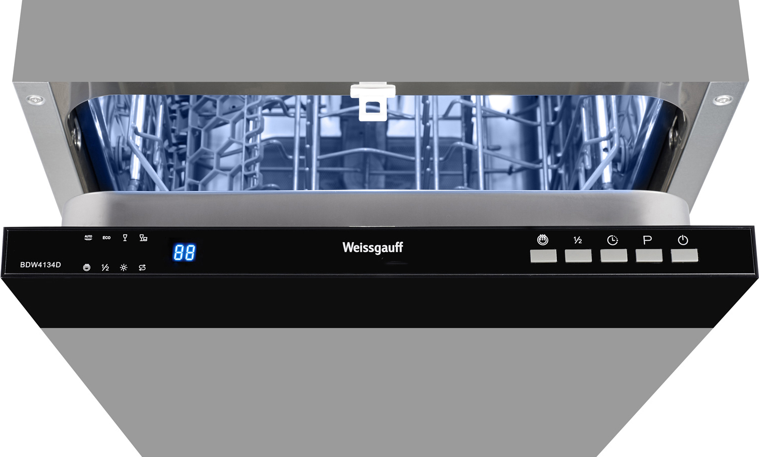 BDW 4134 D Узкая, 81.5x44.8x55 см, 9 комплектов, 4 программы:быстрая, экономичная, стекло, авто, электронное управление, led индикация и дисплей, 1/2 загрузка, внутренняя подсветка, индикация наличия соли и ополаскивателя, aquastop Weissgauff Santreyd  - Вид №1