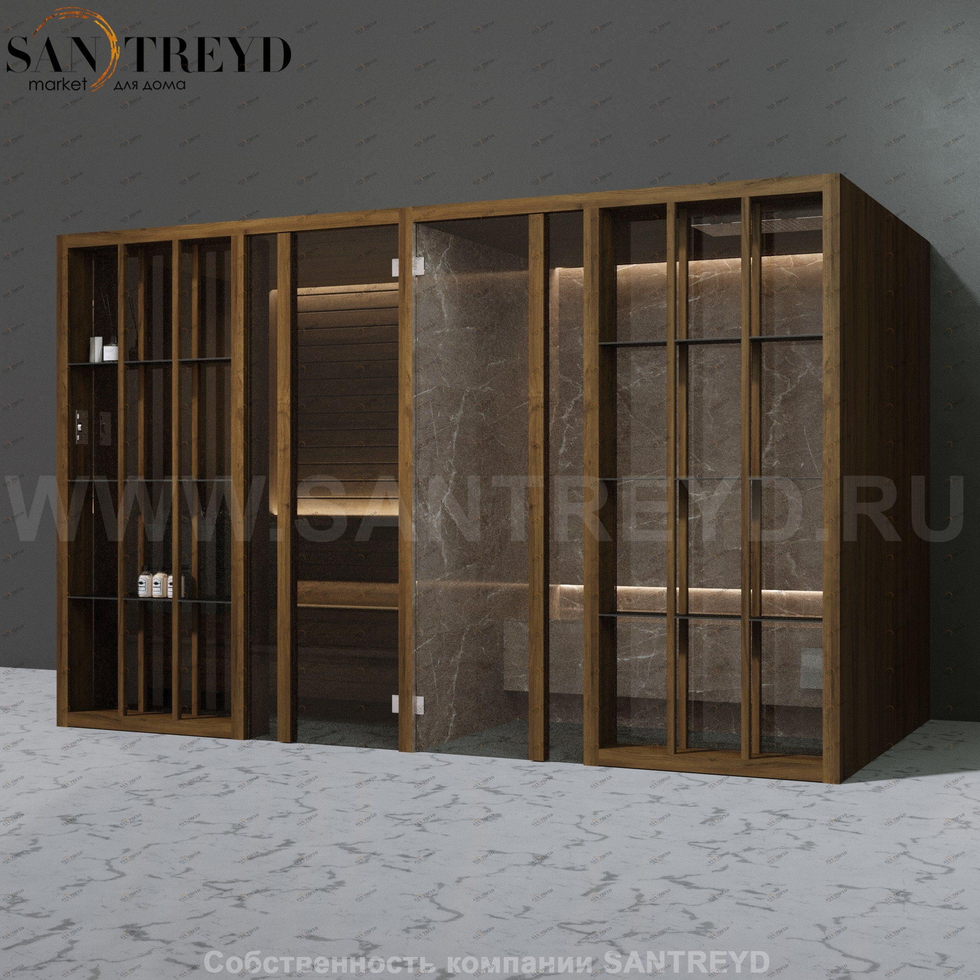 Effegibi YOKU.S SH YO.10320004  Комбинированная баня: хаммам и сауна. Установка: к стене Мощность: 10,5 кВт макс. Размеры: длина 342 см, ширина 170 см. Отделка: чёрный орех и темный керамогранит YO10320004