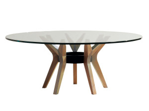 Низкий круглый деревянный и стеклянный журнальный столик