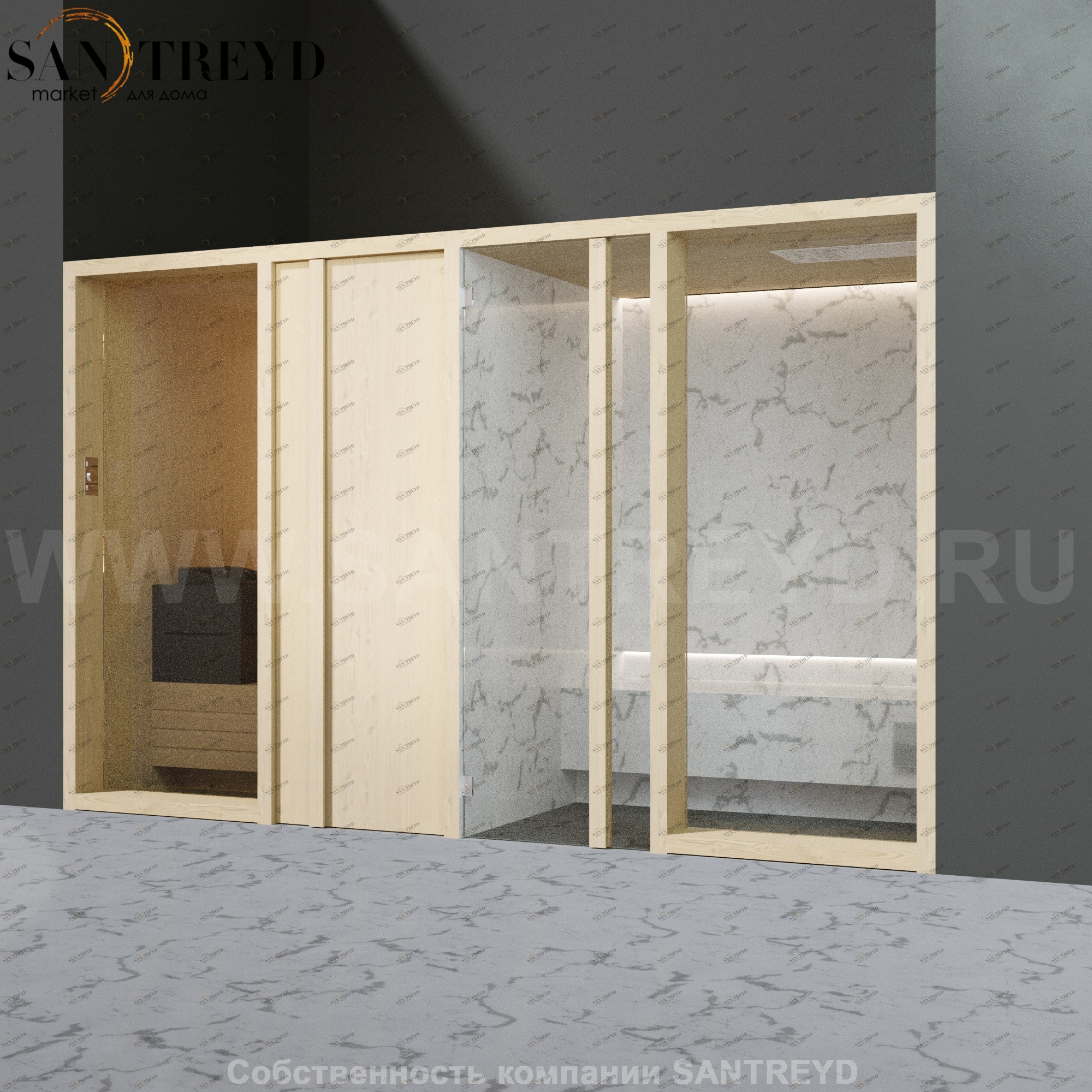 Effegibi YOKU.D SH YO.20110001 Комбинированная баня: хаммам и сауна. Установка: в нишу. Мощность: 10,5 кВт макс. Размеры: длина 342 см, ширина 170 см. Отделка: осина термообработанная и светлый керамогранит YO20110001