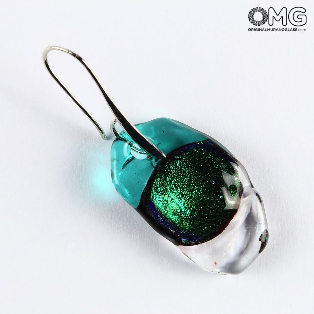 2461 ORIGINALMURANOGLASS Трёхцветные серьги из стекла соммерсо - зелёный и белый - муранское стекло - Original Murano Glass OMG 2 см  - Вид №1