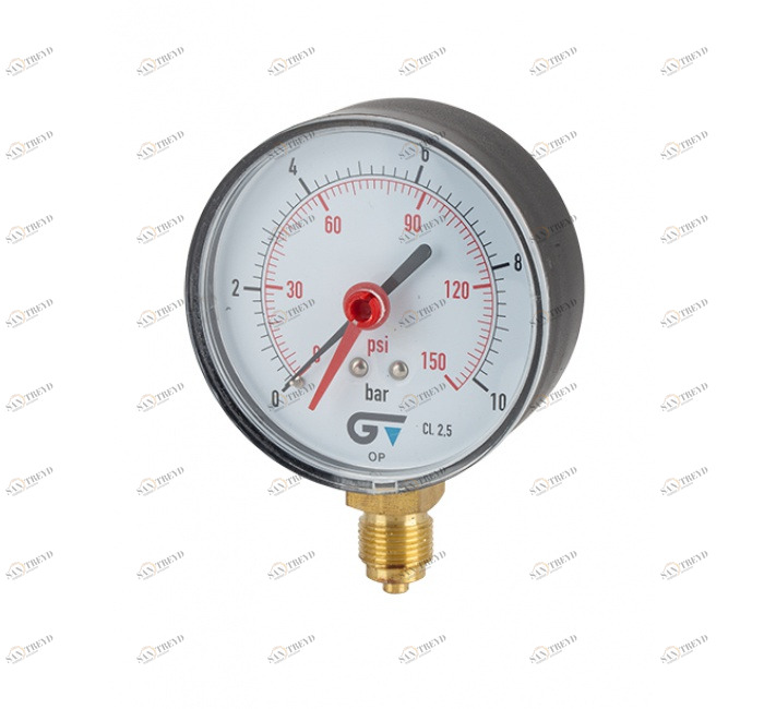 GENEBRE 3827 025 Presure gauge Ø 80 mm, red index, bottom connection, BSP thread 