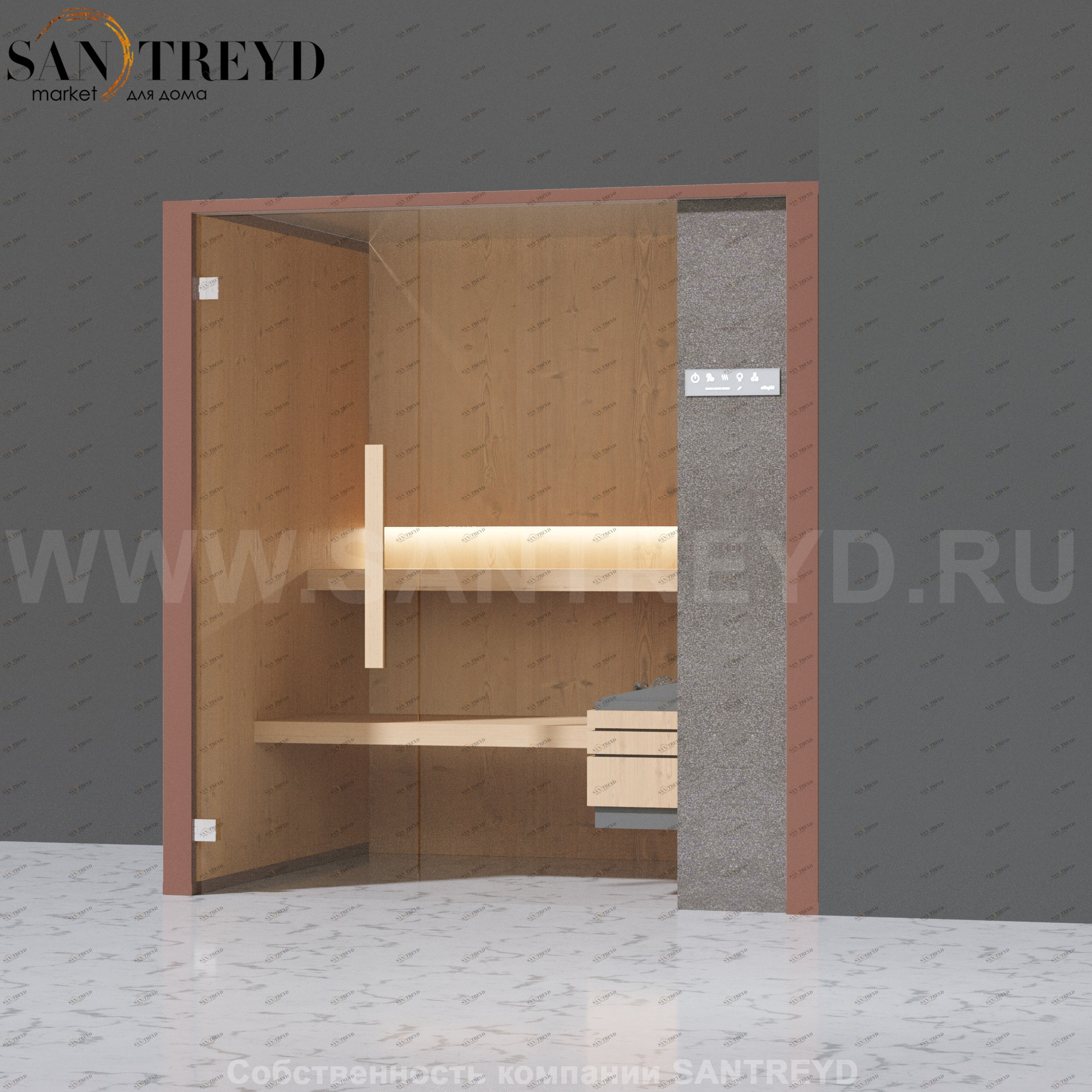 Effegibi ONEFILO S LO51030007 Сауна. Установка: в правый угол. Правая дверь. Мощность: 4,5 кВт макс. Размеры: длина 214 см, ширина 171 см. Отделка: матовый лакированный коричневый аллюминий и темный ламинат из керамогранита.